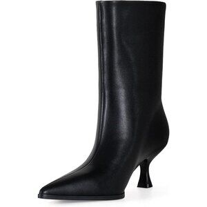 Women Black Kitten Heel Pointed Toe Stiletto Faux Leather Mid Calf Ankle Booties
